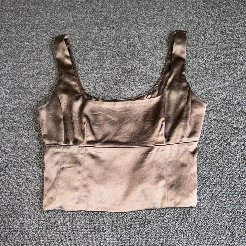 Wilfred Aritzia Ecoulement Satin Crop Tank Top Brown Square Neck 2XS Coquette